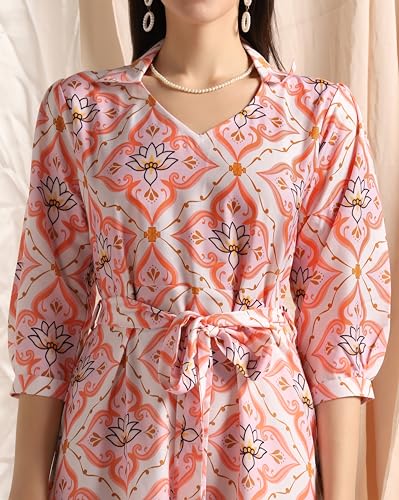Image of Leriya Fashion Dresses for Women Crepe Abstract Print Belt Waisted High N Law with Ruffled Hem in Wrap-Up Western Dress Shopping College Holidays Office Wear Casual Dress for Girls