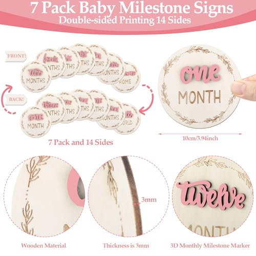 Image of 7 Pcs Months Baby Milestone Signs, 3D Pink Baby Monthly Milestone Cards Milestone Wooden Circles for Newborn Boy Girl 1-12 Months Baby Milestone Pictures (Double Sided)