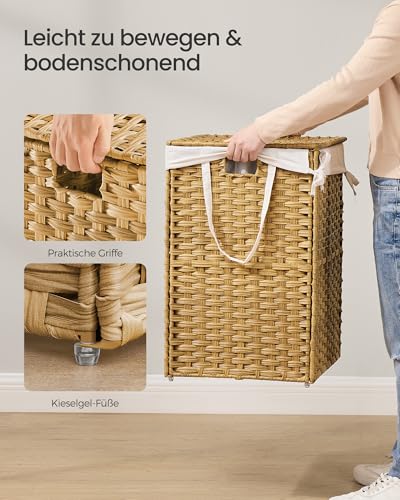 SONGMICS Wäschekorb 2 Fächern, Wäschesammler 160 L, Wäschebox aus synthetischem Rattan, mit Deckel und Griffen, geflochten, faltbar, herausnehmbarer Wäschesack, naturfarben LCB216Y01