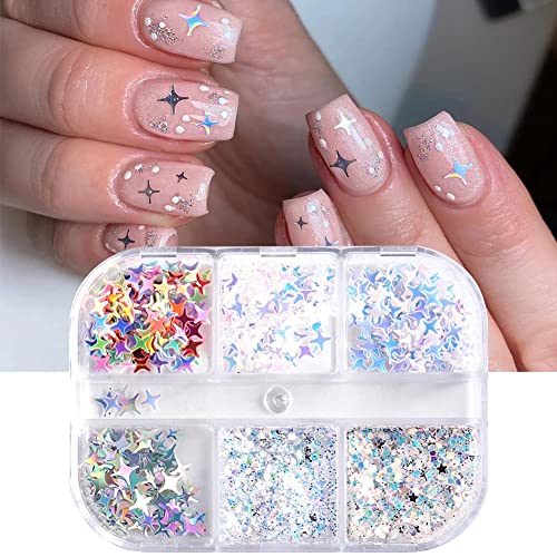 Holographic Nail Art Sequins Glitter Nail Art Supplies Flakes 6 Grid Laser Silver Nail Decals 3D Star Nail Glitters Acrylic Powder Dust Sequins For Nails Decoration Star Nail Art Sticker Manicure Tips #TOP3
