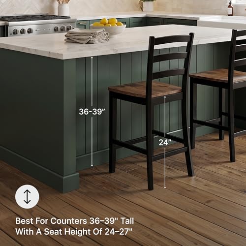 Image of Signature Design by Ashley Counter Height Barstool, Set of 2, Brown /Black | Solid wood frame with contoured butcher block veneer seat, Farmhouse style for kitchen islands, Wildenauer Series