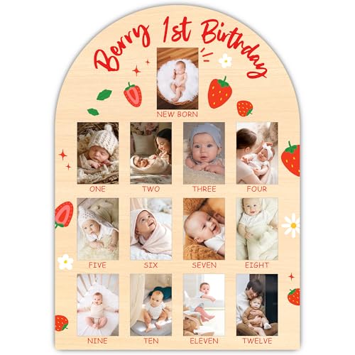 UIBOVA Strawberry My First Year Photo Board, Berry 1st Birthday Baby Milestone Signs for Boys Girls Nursery Decor, 12 Month Wooden Picture Board for 2x3 Photos, Best Babies Keepsake Gifts-A17