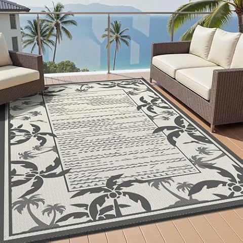COCOER Outdoor-Rug 6x9 ft Waterproof Reversible Outdoor Plastic Straw Rug RV Indoor Outdoor Carpet Quick Dry Patio Rug Camping Mat for Balcony Backyard Picnic Beach-Grey&Beige Cover
