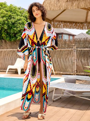 Image of Women's Kimono Cover Up Long Beach Dress Swimsuit Cover Ups Colorful Cardigan Lightweight Robe for Swimwear