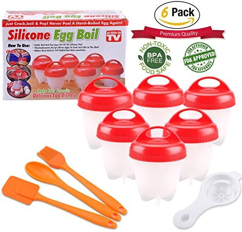 Egg Cooker - Silicone Egg Boiler AS SEEN ON TV Boil Eggs Without the Egg Shell, BPA Free Non Stick, Set of 6 Packs, Gift Including Silicone Brush, Spoon, Scraper, Egg Separator