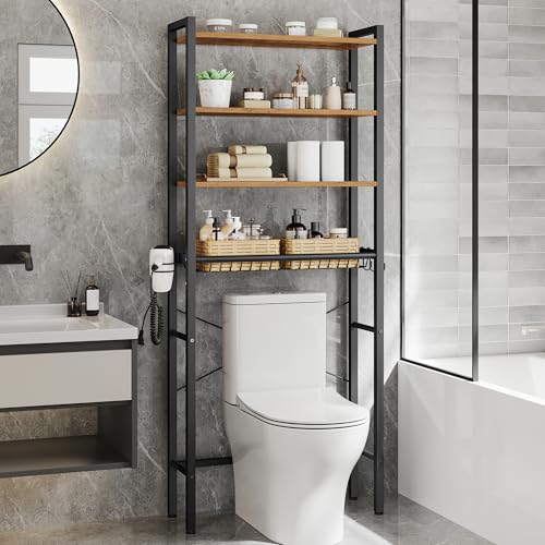 VASAGLE BARNET Collection - Over the Toilet Storage Over Toilet Bathroom Organizer with Adjustable Shelves and Basket 3 Hooks Space Saving 9.4 x 23.6 x 68.1 Inches Rustic Brown UBTS114KD01S