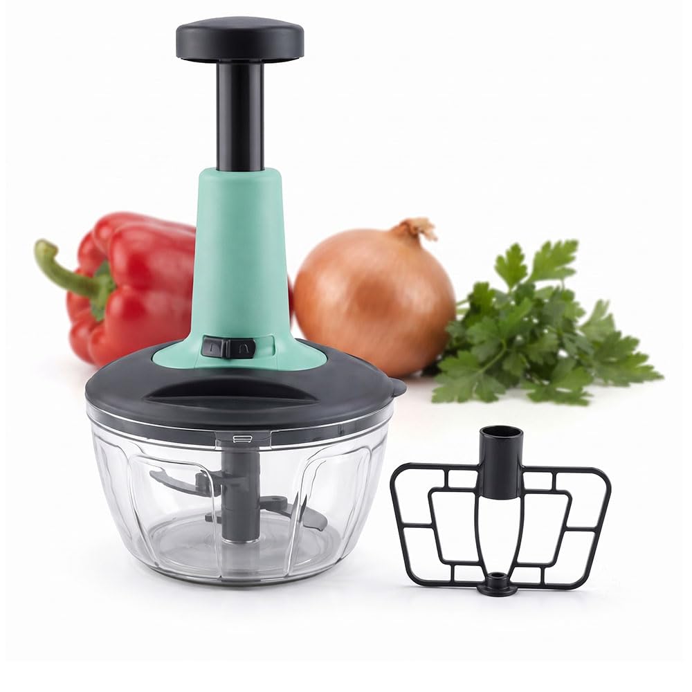 manual vegetable food processor with push handle and whisk for quick kitchen food preparation