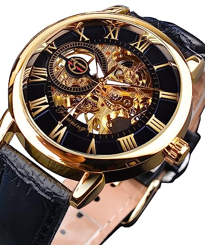 Image of FORSINING Men's Skeleton Watch Steampunk Watch Black Mechanical Watch for Men Minimalist Retro Design Mechanical Skeleton Wrist Watch Transparent