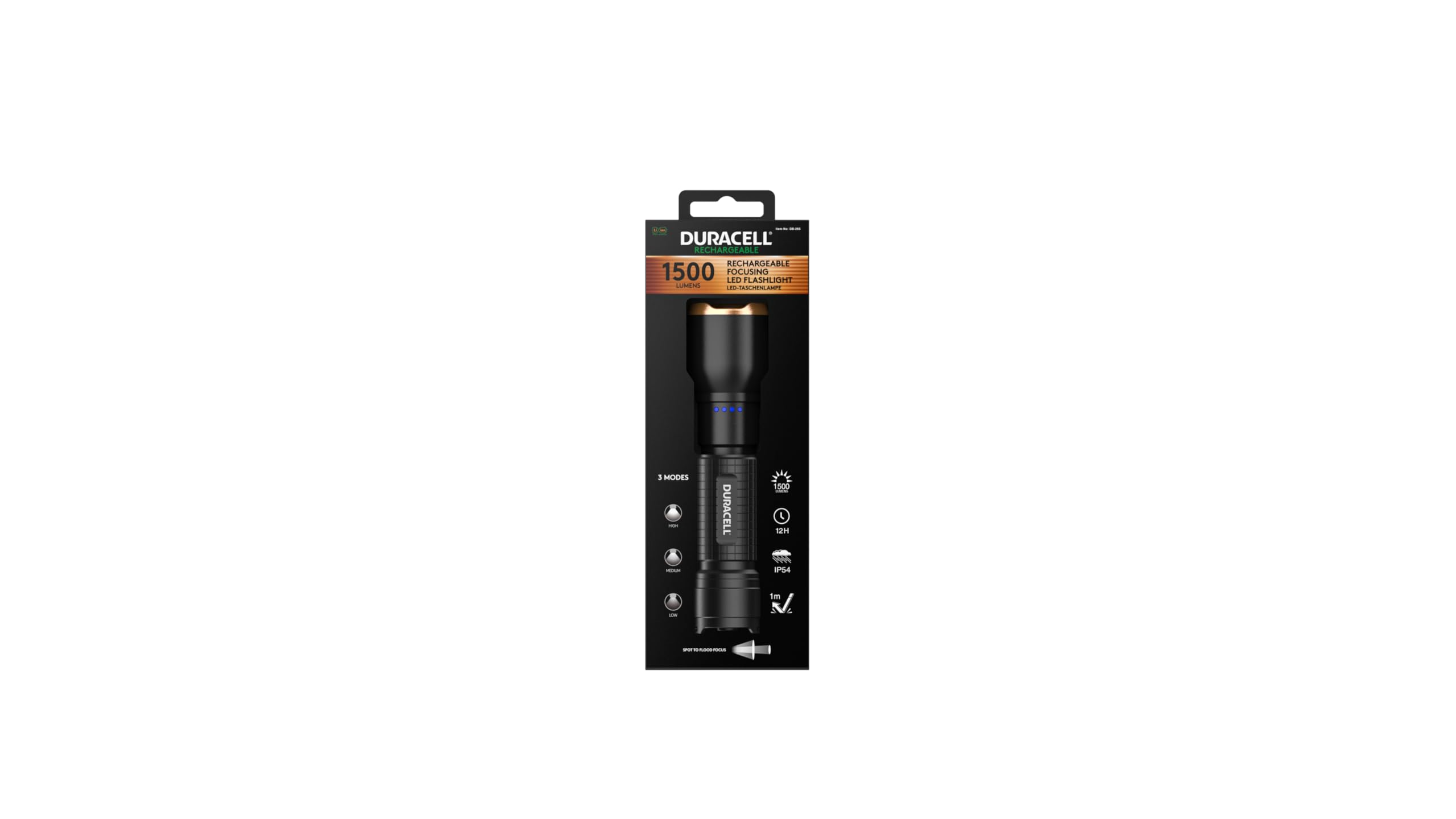 Duracell DF1500R Core Plus - Linterna LED (1500 lúmenes, focal, alcance de 150 m, recargable por USB-C, batería de ion de litio 18650, varios modos de luz, resistente a salpicaduras, carcasa de