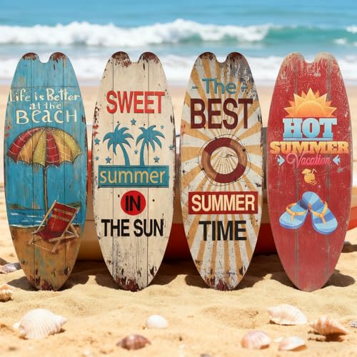 HUASUN Juego de 4 tablas de surf decorativas de madera, 45 cm, decoración de pared para playa, mar y bar, decoración de pared para interiores y exteriores