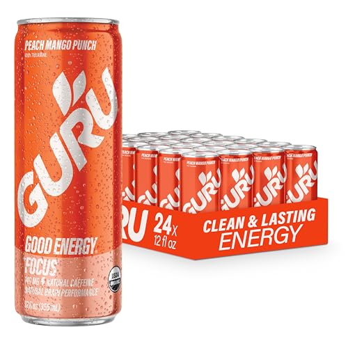Image of GURU Energy Drink, Peach Mango Punch Organic Sparkling Energy Drink with Real Fruit Juice + L Theanine, 140 MG Natural Caffeine for Workouts, Performance & Midday Boost, Plant Based, Gluten Free, 12 Fl Oz, 24 Pack