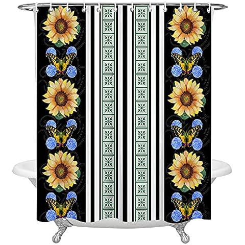 Shower Curtain Mould ​and Mildew Resistant 100% Polyester-Waterproof Quick-Drying, Weighted Hem, Shower Curtains Bathroom Sunflower butterfly Pattern-W180xH180CM,with 12 Hooks Cover