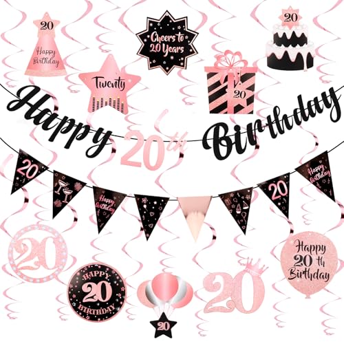 Image of 20th Birthday Decorations Rose Gold Pink Pre Strung Happy 20th Birthday Banner and Hanging Swirls for Women 20 Year Old Party Decorations Supplies