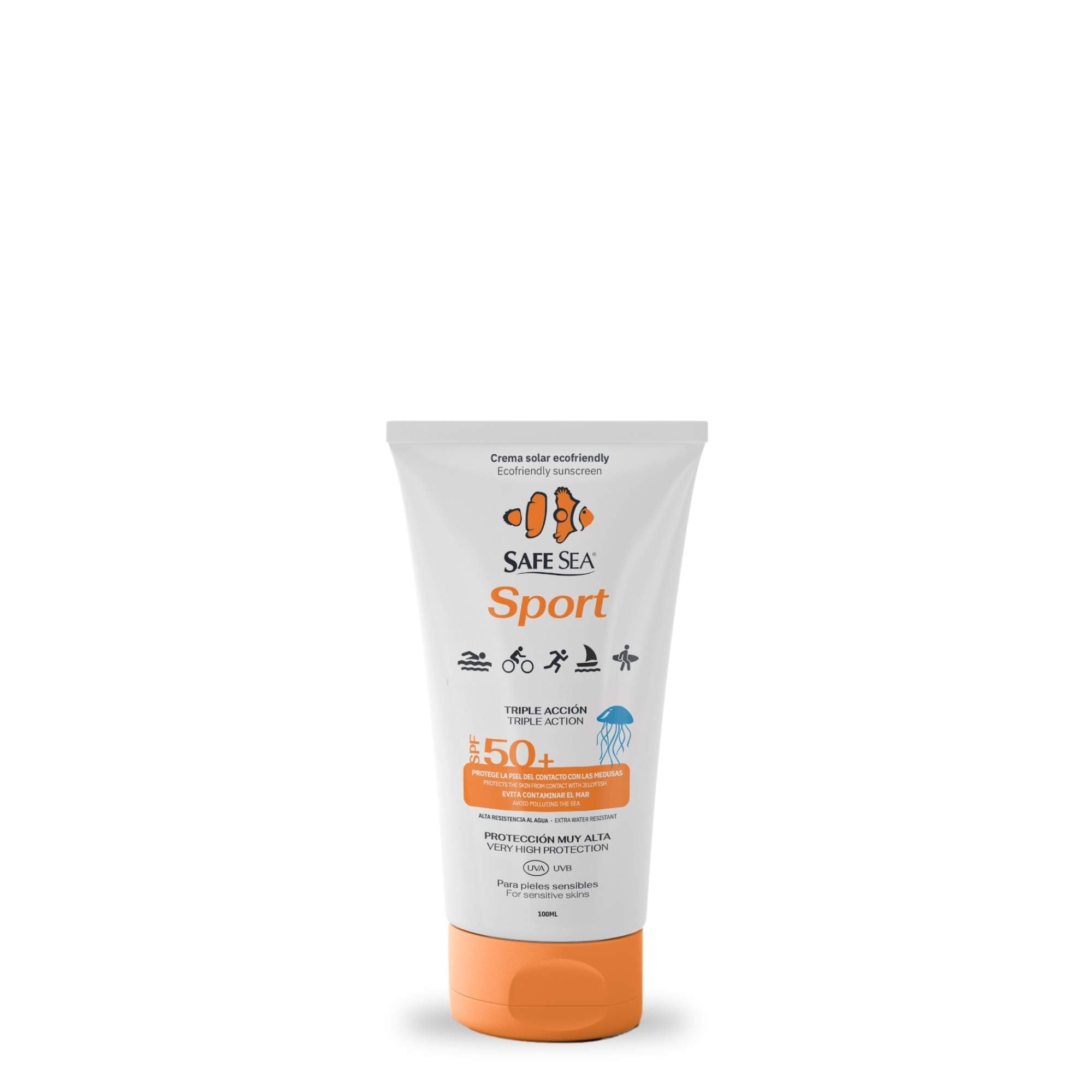 SAFE SEA - Crema Solar Sport SPF 50 200ml | Protector Solar 50 Muy Resistente al Agua con Alta Protección Solar para Deportistas | Crema Solar Deporte Protege la Piel de la Picadura de Medusas