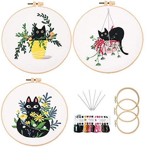 Beginner Embroidery Kit for Adults 3 Pack Hand Embroidery Crewel Embroidery Kit DIY Cross Stitch Kit Include 3 Embroidery Clothes with Pattern Plant Cat Embroidery, Hoops Needles Threads