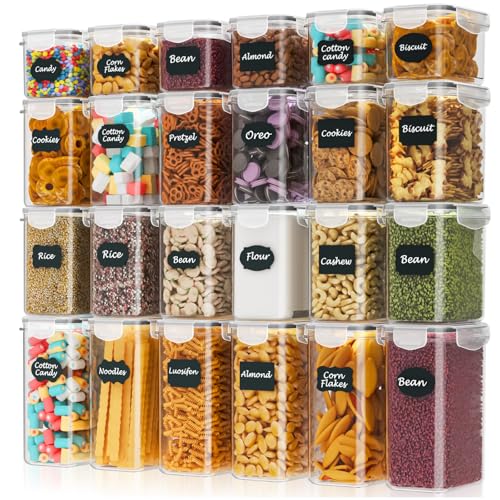 24 Pack Airtight Kitchen Food Containers BPA-Free Cereal Storage Containers & Food Storage Containers for Flour Minimalist Sugar & Baking Supplies with 24 Labels & Marker (33.6L)