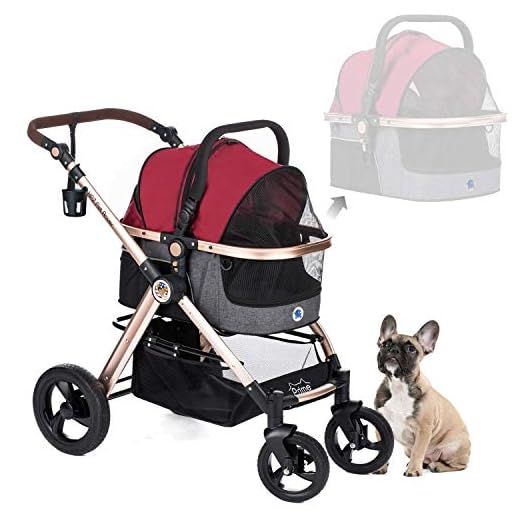 HPZ Pet Rover Prime 3-in-1 Luxury Dog/Cat/Pet Stroller (Travel Carrier +Car Seat +Stroller) w/Detach Carrier/Pump-Free Rubber Tires/Aluminum Frame/Reversible Handle for Medium & Small Pets (Ruby Red)