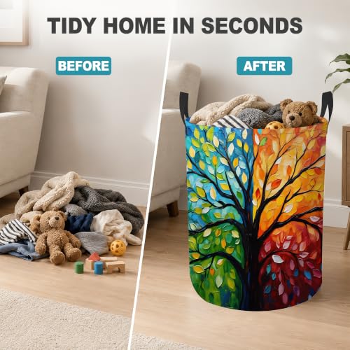 Laundry Hamper,Colorful Tree Of Life Collapsible Laundry Basket with Handles,Four Seasons Tree Waterproof Oxford Cloth Clothes Organizer for Bedroom Bathroom Dorm Nursery,16 x 20 Inch - Image 4
