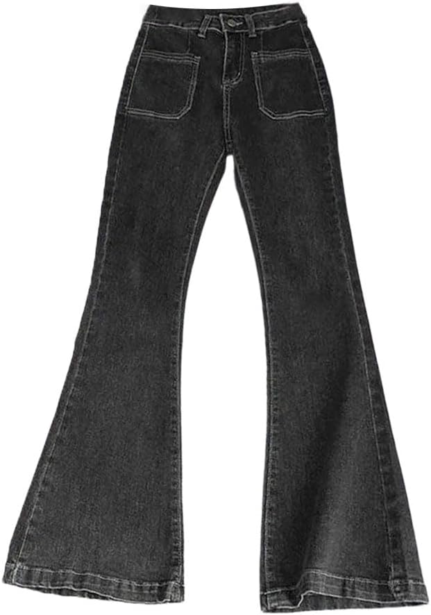 Women's High Waist Washed Denim Flare Jeans, Slim Fit Pocket Vintage Stretch Straight Casual Pants
