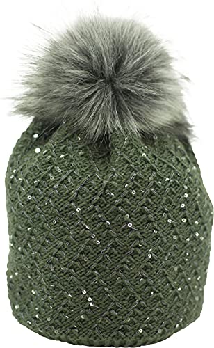 fashionchimp ® Bonnet tricoté pour femme avec pompon imitation fourrure, paillettes et fil brillant, doublure en polaire, fabriqué en UE, Olive, Taille Unique Cover