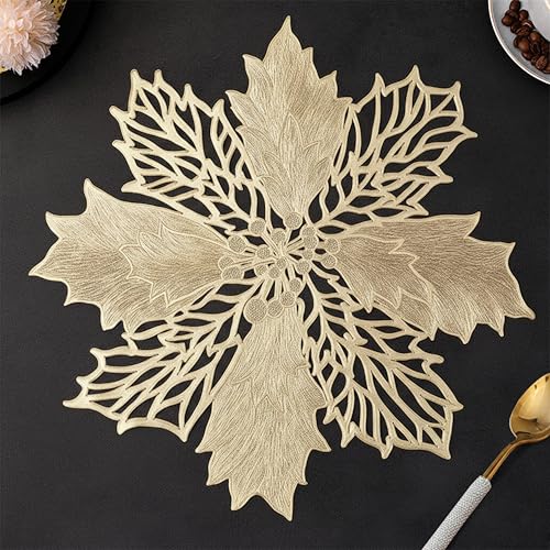 Image of Yellow Weaves 2 Pcs PVC Botanical Star Design Table Placemat, Dining Table Mat, Anti-Skid, Washable, Dining, Kitchen, Restaurant Table Set Easy to Clean, Durable (Golden)