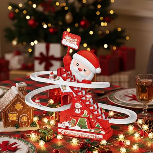 Christmas Santa Climbing Stairs Slide Toys,Santa Claus Roller Coaster Fun, Musical Snowman Ski Slope with LED Light and Music, Automatic Stair LED Music Motion Playset, New Year's Gifts for Kids