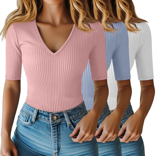 Riyiper 3er-Pack Damen-T-Shirts mit Halblangen Ärmeln Gerippter Baumwolle V-Ausschnitt und