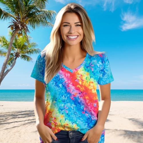 Womens Tie Dye Shirts Butterfly Color Gradient Print V Neck Tshirt Summer Casual Rainbow Short Sleeve Tee Tops4