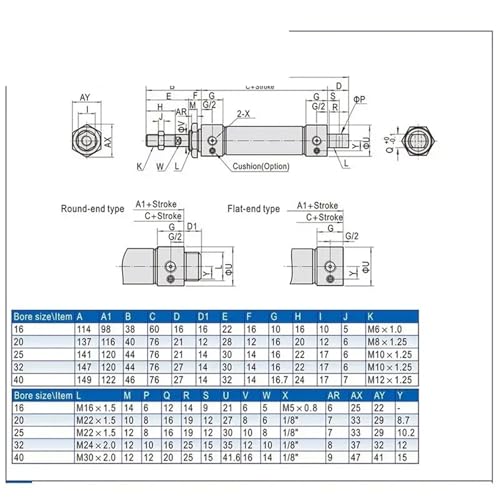 Mini vérin pneumatique MA25 course 450mm pour air comprimé