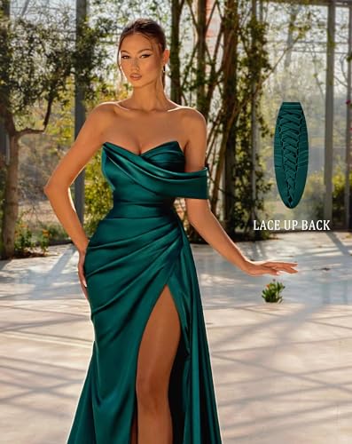 Women's Satin Bridesmaid Dresses with Slit Mermaid Off Shoulder Long Corset Prom Dresses Formal Gowns3