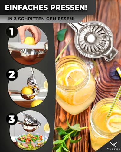VALUXE Zitronenpresse Edelstahl groß - Hand Zitruspresse für Zitronen, Limetten & kleine Orangen - Manuelle Limetten-Presse, Citrus Handpresse, Lemon Squeezer spülmaschinengeeignet 6