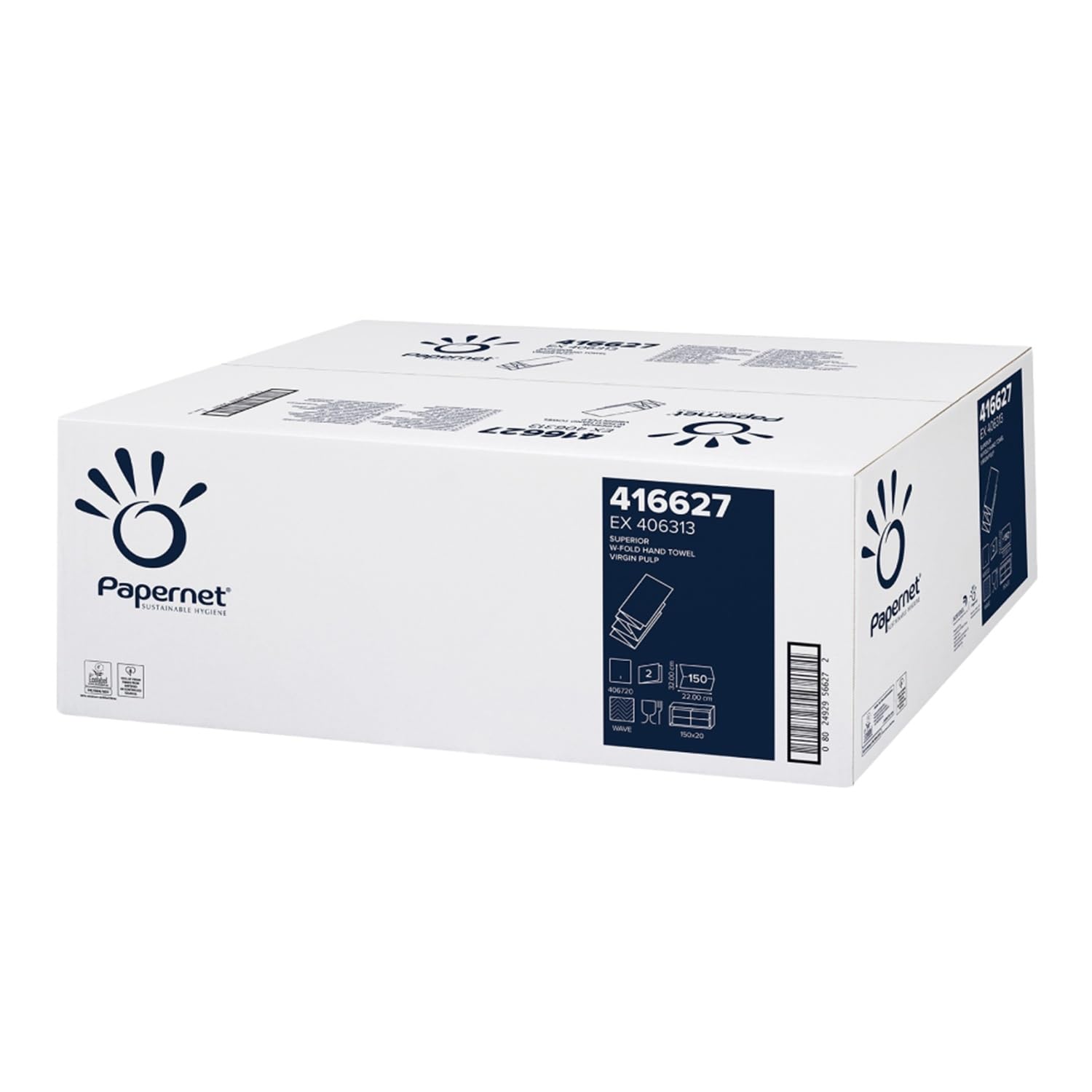 Papernet W-Falz Papierhandtücher – 2-lagig, reiner Zellstoff, 32 × 22 cm offen / 22 × 8 cm gefaltet, 3.000 Tücher pro Karton (150 pro Packung, 20 Packungen/Karton), EU Ecolabel