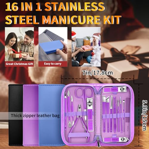 Manicure Set 16Pcs Professional Stainless Steel Pedicure Kit Mens Grooming Kit Fingernail & Toenail Clippers Set Manicure Kit with Luxurious Travel Bag, Sharp Nail Scissors and Clipper (Purple)