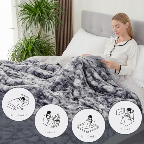CHOSHOME Sherpa Fleece Blanket- Thick Warm Blanket for Winter, Soft Fuzzy Plush Blanket for Bed, Couch, Travel (Tie Dye Grey, Twin 60" x 80", Thickened Type)
