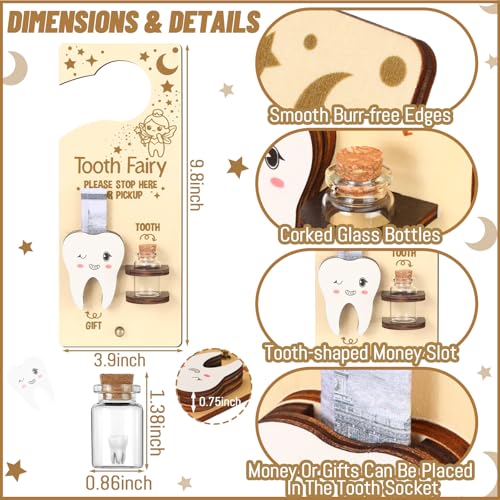 Image of DoubleFill Fairy Tooth Gift Holder Bag Door Hanger Lost Teeth Keepsake Box Tooth Fairy Kit Stores Back to School Gift for Lost Teeth Boy Girl Primary School Classroom Gifts(Fresh,Natural Wood Color)