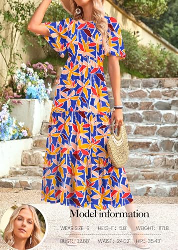 KIRUNDO Summer Floral Dresses for Women 2026 Casual Flutter Short Sleeve Midi Trendy Spring Modest Crew Neck Smocked Tiered A Line Flowy Beach Party Dresses — view 4