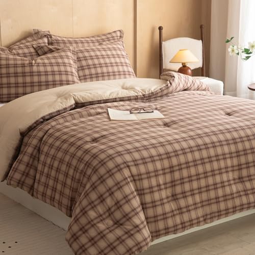 Image of Cyusri Cotton Plaid Full Comforter Set - Soft Lightweight Bedding 3 Pieces Dyed Bed Set with 2 Pillow Shams,Reversible All Season Farmhouse Down Alternative(Full Size 80 inchx90 inch Taupe Plaid)