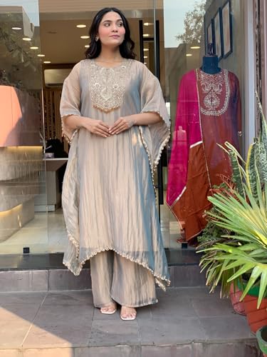 Image of GoSriKi Fendy Glass Embroidered A-Line Kurta with Palazzo for Women | Fendy Glass Grey | Kaftan Sleeve | Round Neck | Ethnic Wear Casual Wear