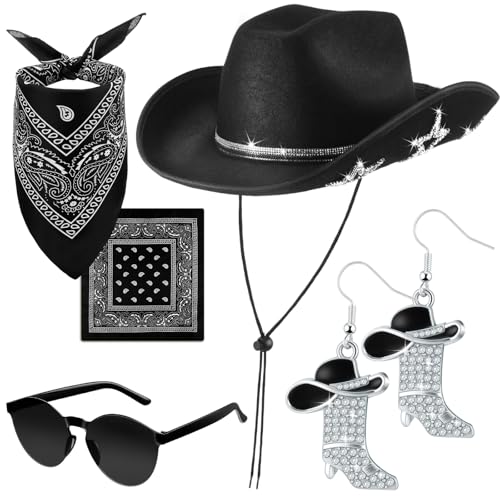 Image of Hercicy 4 Pcs Cowgirl Costume Set Cowboy Hat Sunglasses Bandana Earring Halloween Costume Accessories for Women Cosplay Party