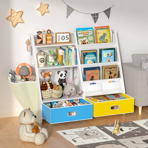 Image of Kids Bookshelf and Toy Storage, 3 Tier Kids Bookcase, Sling Bookshelf and 2 Drawer, Toddler Montessori Book Shelf with Toy Storage Organizer for Kids Room, Playroom, Nursery, Livingroom, Bedroom
