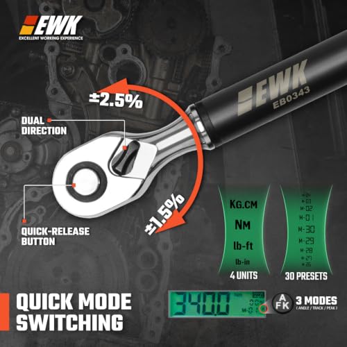 Image of EWK 1 /2 inch Drive Digital Angle Torque Wrench 12.5-250 ft-lbs (17-340 Nm) | ISO 6789, ±1.5% clockwise / ±2.5% counterclockwise / ±2% Angle, LCD Display, LED Buzzer Vibration Alert, 30 Memory Values