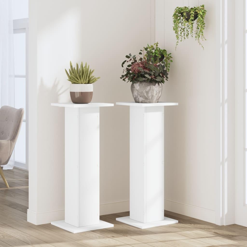 Stojak na rośliny 2 szt. biały 30 x 30 x 80 cm materiał drewnopochodny | Stabilny stojak na doniczki, pusty korpus wypełniony piaskiem, uchwyt ścienny w zestawie, na artykuły dekoracyjne