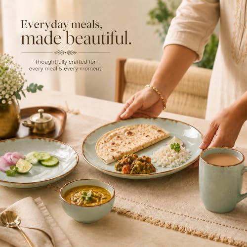 Image of The Earth Store Mint Marble Ceramic Dinner Set of 16 - 4 Dinner Plates, 4 Quarter Plates, 4 Vegetable Bowls & 4 Coffee Mugs | Premium Dinner Set for Home & Dining