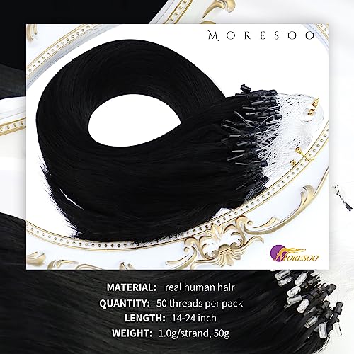 Moresoo Micro Ring Hair Extensions Black Microloop Hair Extensions Real Human Hair Jet Black Micro Beads Hair Extensions 1g/s 50g/Pack 22 Inch #1 - Image 3