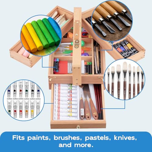 Image of Falling in Art Artist Supply Storage Box, Portable Beechwood Toolbox with Drawer, Three Layer Art Storage Tool Box for Paints, Brushes, Pastels, Pens, and Markers