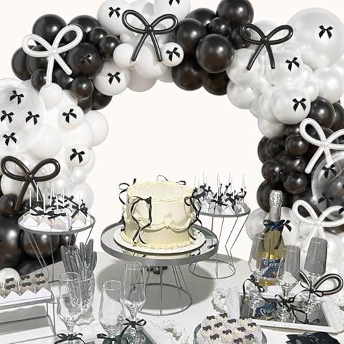 Image of Black and White Balloon Arch Kit, JOGAMS 199Pcs Bow Balloon Arch Kit with 260 Clear Pearl White Balloons Ribbon Bow for Coquette Bow Theme Birthday Bachelorette Baby Shower Bridal Shower Wedding