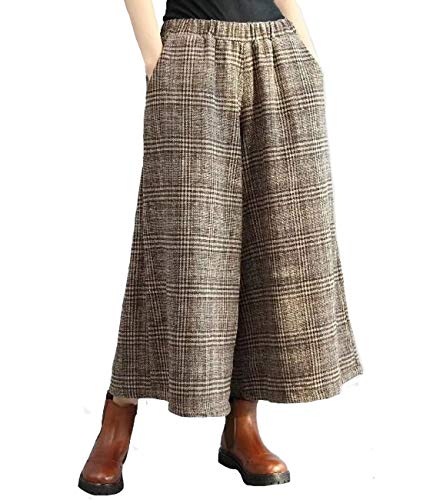 Aeneontrue Women's Fall Winter Wool Check Wide Leg Pants Casual Capri Culottes Pants with Elastic Waist (Khaki, Large)