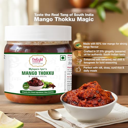 Image of Delight Foods Mylapore Iyer's Mango Thokku Pickle 300g | Traditional Tamil Nadu Rice Mix | Made with Pure Gingelly /Sesame Oil | Homemade Style Pickle | No Preservatives