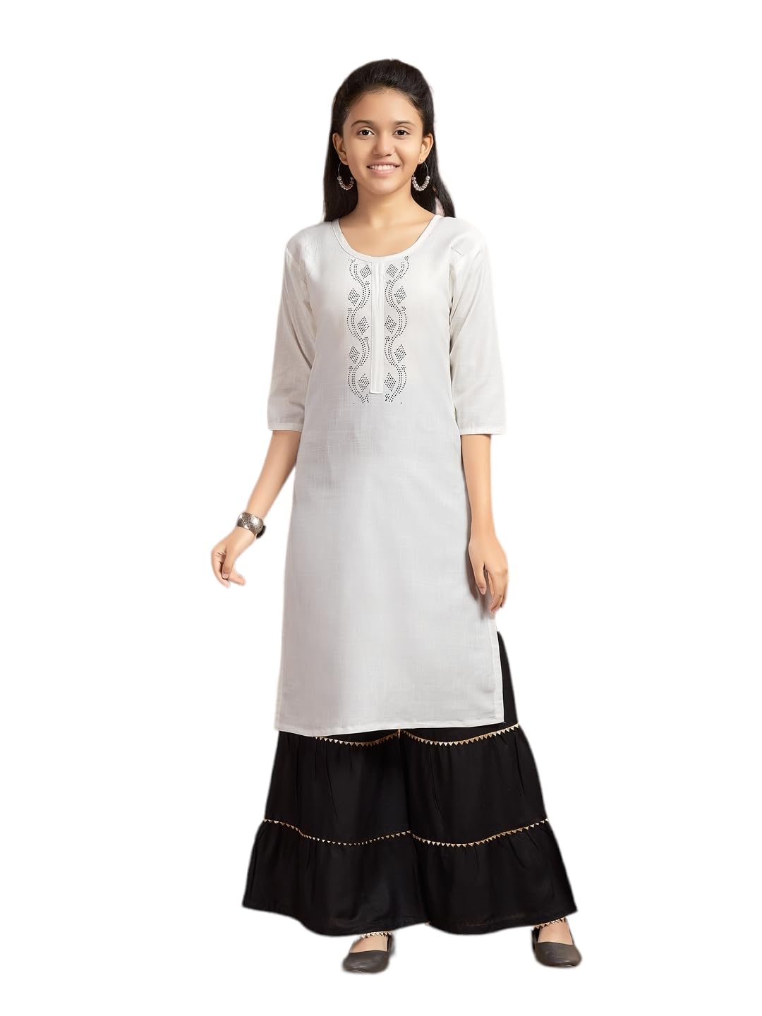 Aarika Girls Casual Wear White Colour Embellished Cotton Kurti (9-16 Years)
