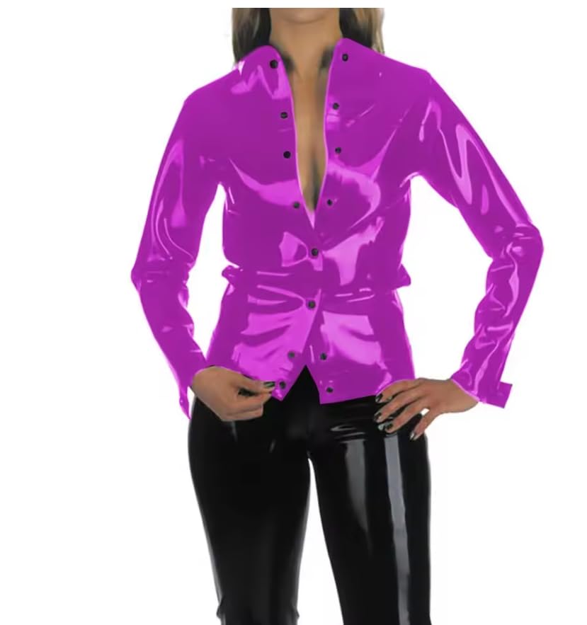 Blusa de manga larga para mujer, estilo informal, con cuello vuelto, para fiesta, PVC, ropa de oficina, personalizable
